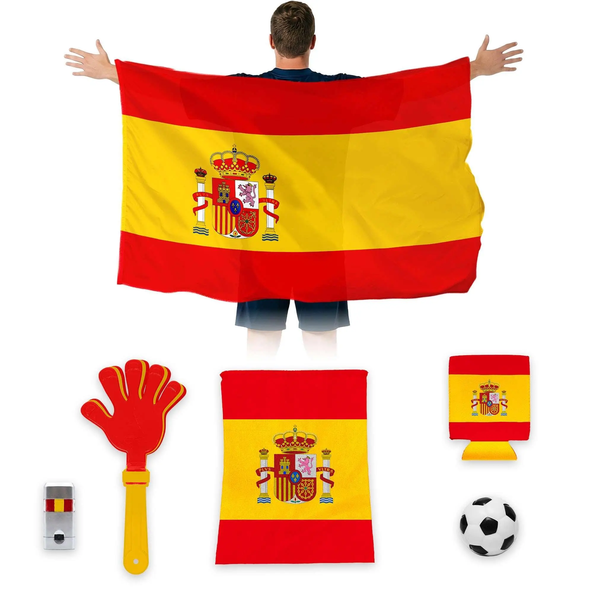 G128 World Soccer Tournament 2026 Cup Soccer Fan Set 6PCS, Spain Fan Merch with Flag and Koozie, Accessories for Sports Parties
