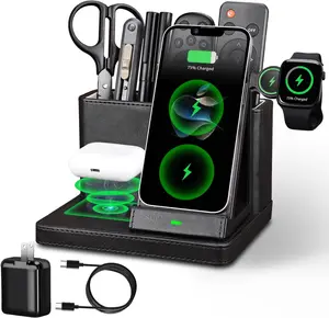 LADSTAG Desk Organizer with Phone Charger,Nightstand Desktop Organizer,Office Supplies Desk Accessories,Pen Holder Remote Control Holder,Black Leather Organizer with Charging Station (Black)