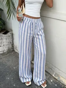 Blue White Striped Linen Wide Leg Pants - Drawstring High Waist Casual Trousers, Coquette Aesthetic Loose Fit, Y2K Summer Beach Bottoms, Viral Trendy Women's Fashion