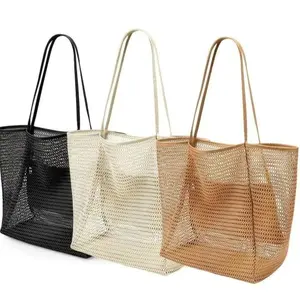 Women's Large Capacity Mesh Beach Bag - Foldable Lightweight Shoulder Bag with Breathable Material, Spacious Travel Carryall for Beach, Pool, Summer Outdoor Essentials,summervibes