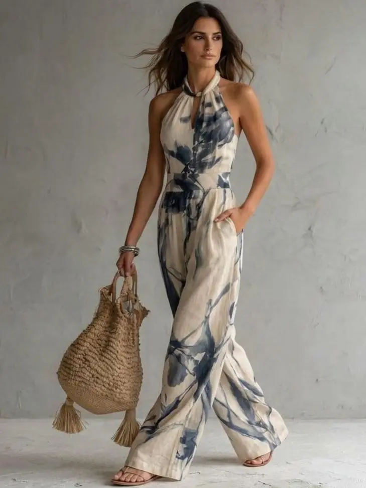Women's Summer Vacation Boho Halter Neck Cut-Out High-Waist Wide-Leg Jumpsuit with Abstract Ink Print & Pockets | Chic Resort Wear & Daily Chic Outfits Navy Blue Fabric Overalls Polyester Womenswear Sleeve Sleeveless Bohemian Floral