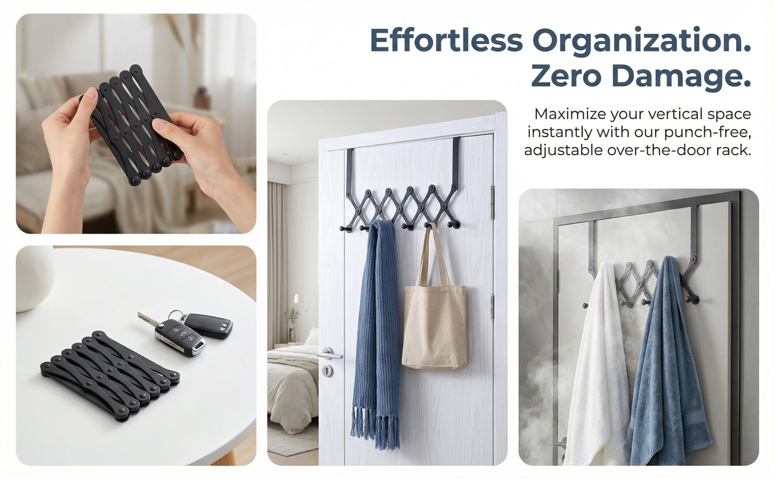 Expandable Over The Door Hook Rack | No Drill Adjustable Door Hanger for Coats, Towels & Bags | Space Saving Organizer for Bedroom & Bathroom