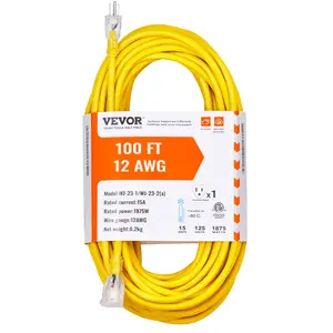 VEVOR 100FT Heavy Duty Extension Cord 12AWG 15Amps 1875W 3 Prongs with Lighted End