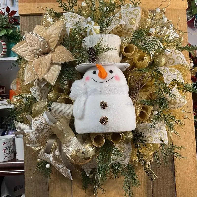 Elegant Snowman Wreath with Gold Accents and Festive Greenery for Holiday Decor