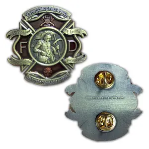 St Florian Patron Saint of Firefighter Lapel Pin Antique Gold Silver with Hand Painted Accents 1.5 Inches Diameter Firefighter Accessory