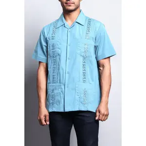 Men's Short Sleeve Cuban Style Guayabera Shirt (Light Blue)