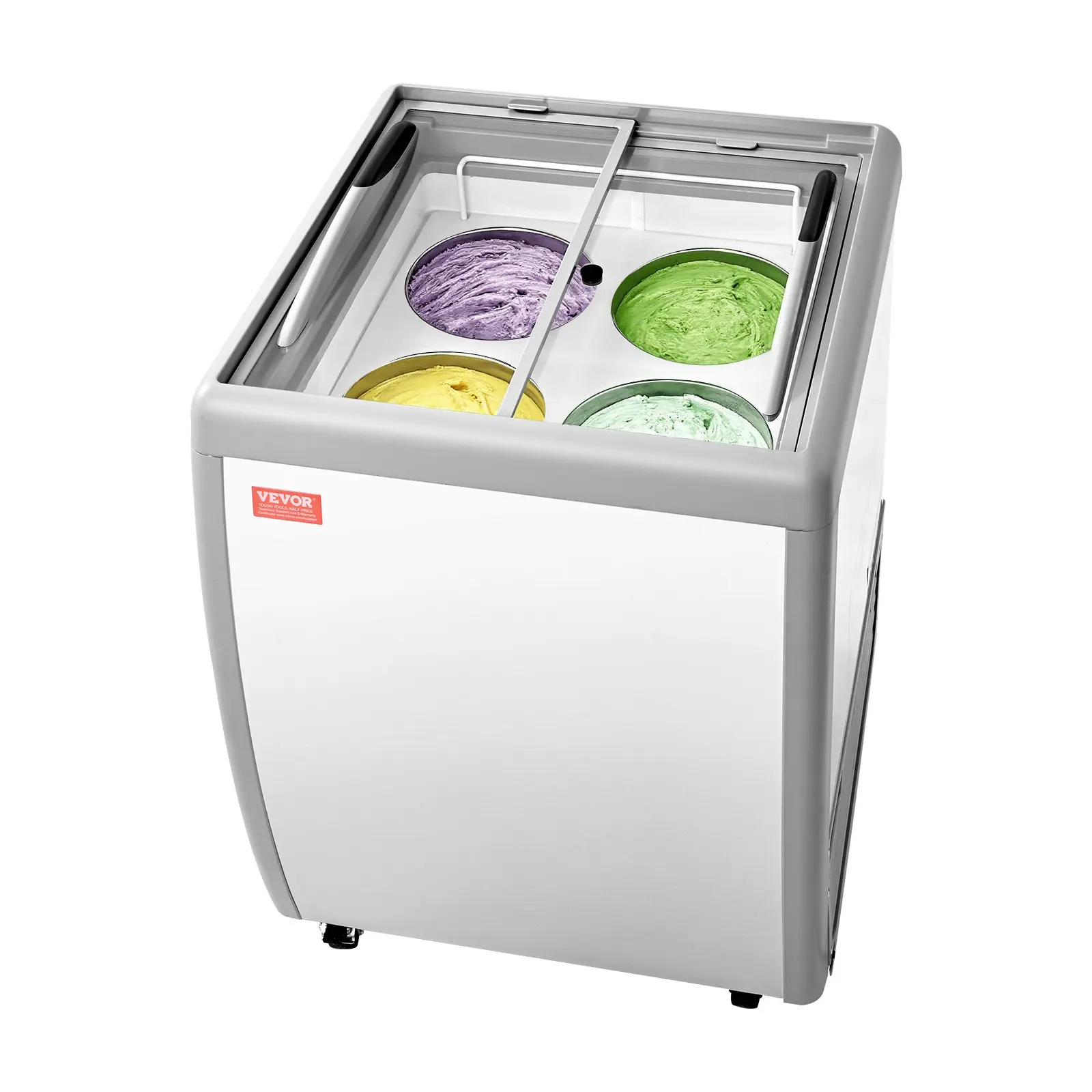 VEVOR Commercial Restaurant Ice Cream Display Case, 5.6 Cu. ft Chest Freezer with Locking Casters, Sliding Glass Door, LED Lighting, Holds 4 Ice Cream Tubs, Deep Freezer