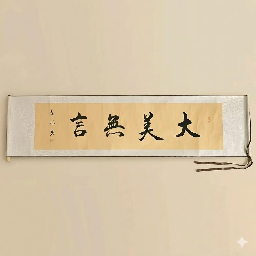 100% Handcrafted Raw Paper Horizontal Calligraphy Scroll - Premium Material, Original Hand-Painted, Artist-Signed, Mentor-Curated, Brocade-Accented Business Gift, Traditional Wall Decor, Ready for Hanging