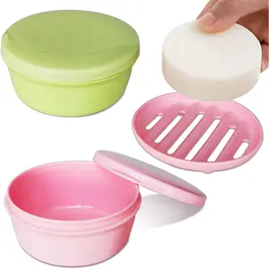 Pack of Portable Round Plastic Soap Dishes with Lid, Leak-Proof and Drain Design, Soap Container for Home, Travel, Outdoor Hiking, Camping, Gym (Green + Pink)