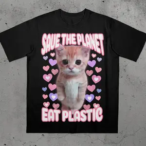 Save The Planet Eat Plastic Funny Cute Cat Meme T-Shirt