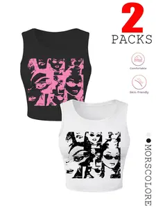 Women's Plain Face Pattern Round Neck Tank Top, Casual Sleeveless Top for Summer, Ladies Clothes for Daily Wear, Socks, Tanks Tops