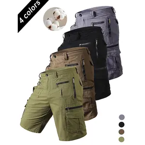 Men’s pure cotton cargo shorts with multiple zippers, made from heavy, breathable, wear-resistant 100% cotton fabric; functional design with large-capacity multi pockets; loose straight fit that conceals bulges and looks slimming; suitable for summer outd