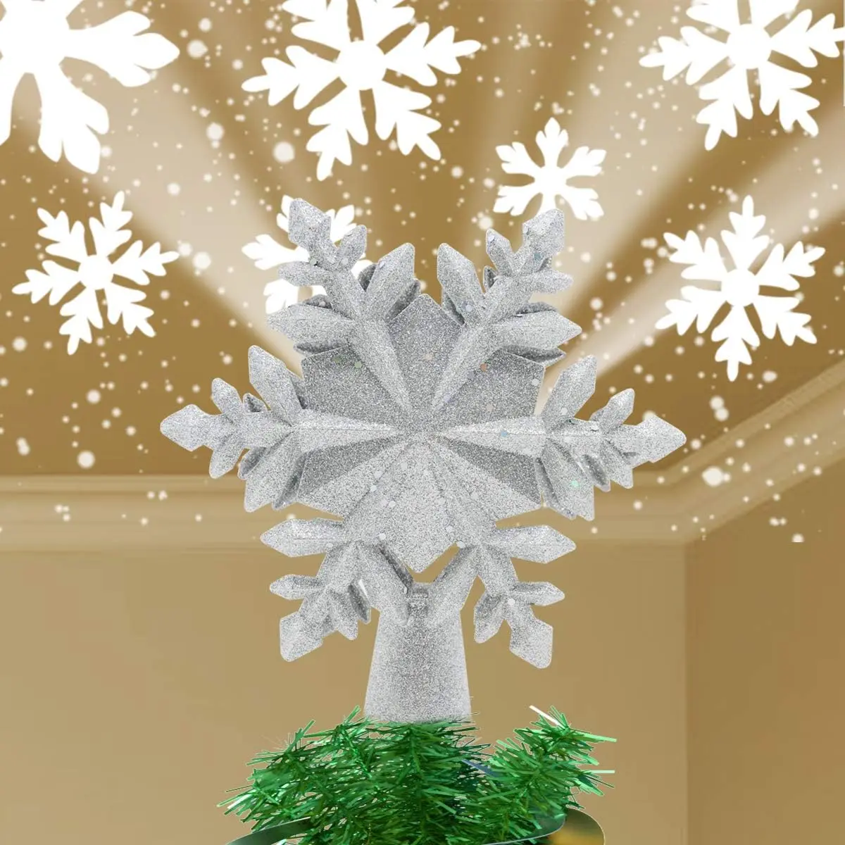 Snowflake Christmas Tree Topper with Built-in Rotating Magic Ball, Silver/White Christmas Decoration, LED Treetop Projector for Crown Christmas Tree Ornament Gift