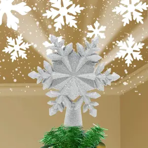 Snowflake Christmas Tree Topper with Built-in Rotating Magic Ball, Silver/White Christmas Decoration, LED Treetop Projector for Crown Christmas Tree Ornament Gift