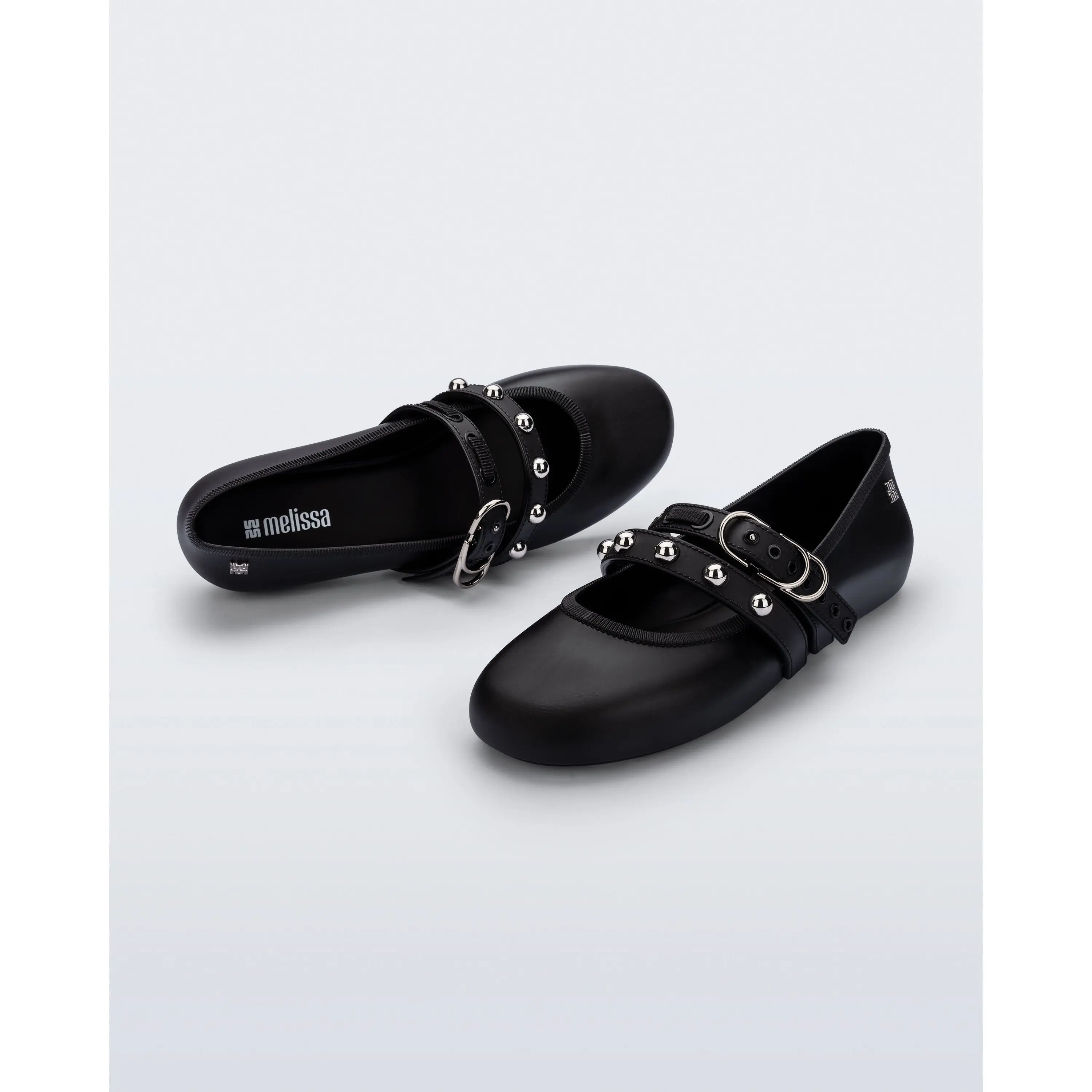 Melissa Soft Ballerina Studs Balllet Flats with Studded Straps and Metallic Buckles, Studded Flats