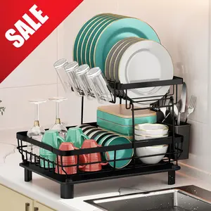Dish Drying Rack, 2 Tier Dish Rack, Large Dish Racks for Kitchen Counter, Dish Drainer with Removable Utensil Holder, Drainboard (Black)