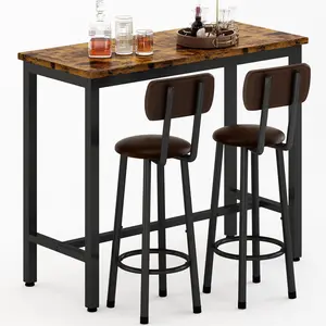 AWQM Bar Table Set - 39.3" Pub Height Table & 2 PU Upholstered Stools with Backrest, Industrial 3-Piece Set for Living Room, Kitchen & Bar!