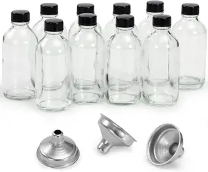 10 Pack, 4 oz Small Clear Glass Bottles with Lids & 3 Stainless Steel Funnels - 120ml  Round Sample Bottles for Juice,  Oils,  Liquids