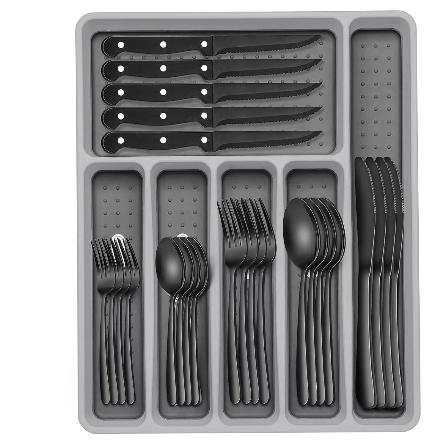 49-Piece Black Silverware Set with Organizer, Heavy Duty Stainless Steel Black Flatware for 8, Cutlery Utensil Sets with Steak Knives, Rust-proof, Mir