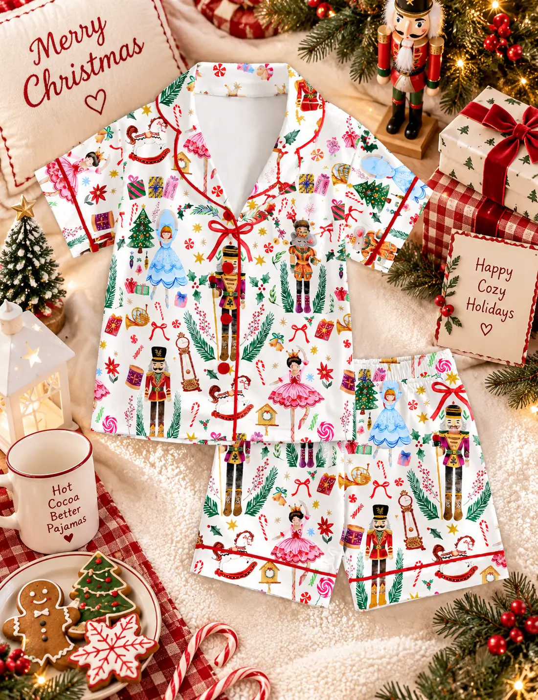 2026 Vintage Christmas Nutcracker Satin Pajama Set Women, Ballet Holiday Party Print Sleepwear, Short Sleeve Lounge Set, Festive Gift