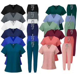 Women's Stretch Jogger Scrubs Set Solid V-Neck Nursing Uniform Quick Dry Breathable Soft Comfort Medical Uniforms