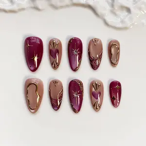 Mulberry Press on nails short almond nails - Red Cat Eye Nails - Star Nails - Red nails - 3D Gold Chrome nail - Burgundy Nails - Gothic Nails - Heart Nail