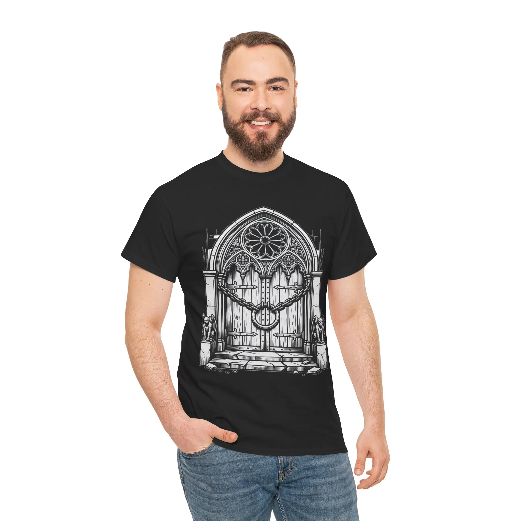 Men's Short-Sleeve Gothic T-Shirt - Ornate Cathedral Door Design, Archway Illustration Casual Top