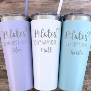 AVITO 24 oz Pilates Is My Happy Hour Tumbler – Personalized Stainless Steel Tumbler with Lid and Straw, Travel Tumbler, Leakproof Thermal Cup, Water Bottle with Straw, Insulated Coffee Tumbler, Sublimation Tumblers, Reusable Spill-Proof Drinkware