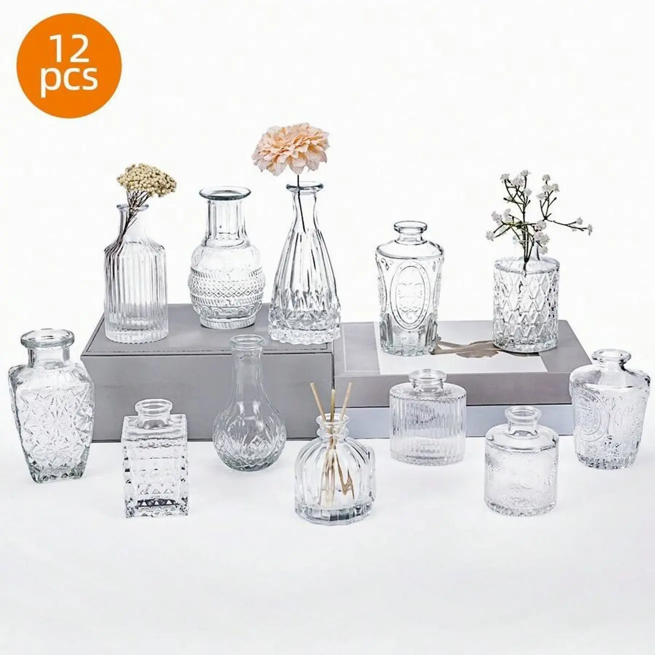 Small Bud Vases Set, Clear Glass Vases for Flowers, Rustic Table Centerpieces for Weddings, Home Decor and Floral Arrangements