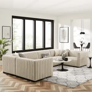 Conjure 6-Piece Channel Tufted Upholstered Fabric U-Shaped Sectional in Black Beige