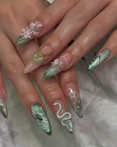 Jade Serpent Floral Press On Nails | 3D Blossom Snake Nail Art | Gradient Green Fake Nails | Crystal Charm Nail Art |Enchanted Garden