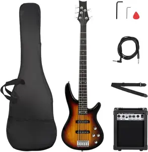 Glarry Electric Bass Guitar 5 String Bass Guitar with 20 Watt Amplifier, JB Type Pickup, Naturally air-dried Maple Neck, Rosewood Fretboard, Basswood Body(Sunset)