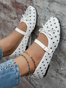 Dotted Bow Mary Jane Flat Shoes for Women, Single Strap Soft Sole Ballet Flats, Versatile Low Heel Fairy Shoes, Perfect for Everyday Wear