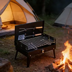 Foldable Portable Charcoal BBQ Grill - 3-Height Adjustable 4-Sided Windproof | Heavy-Duty Stainless Grate No Assembly Tools Included for Camping/Backyard/Picnic Sturdy Barbecue Travel Outdoor Bbq Iron