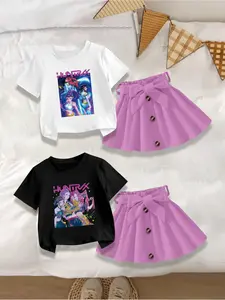 4 pieces: Girls' casual cute crew neck short-sleeve T-shirts and skirt sets, with Witch Hunter Group "KPOP" themed prints, trendy and sweet summer outfits