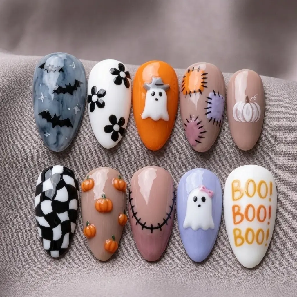 Cute Medium Almond Press-On Nails, Hand-Painted Ghost and Pumpkin Art, 3D Bat and Boo Details, Spooky Fall Colors, Hand-Painted Reusable Nail Set for Halloween