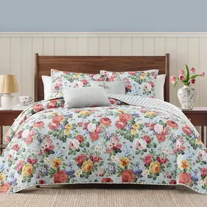Sage Green Floral Quilt Set  Size, 3 count Reversible Lightweight Soft Bedspread Coverlet, Garden Farmhouse Botanical  Stitched Bedding Set with 2 Pillow Shams for  Seasons