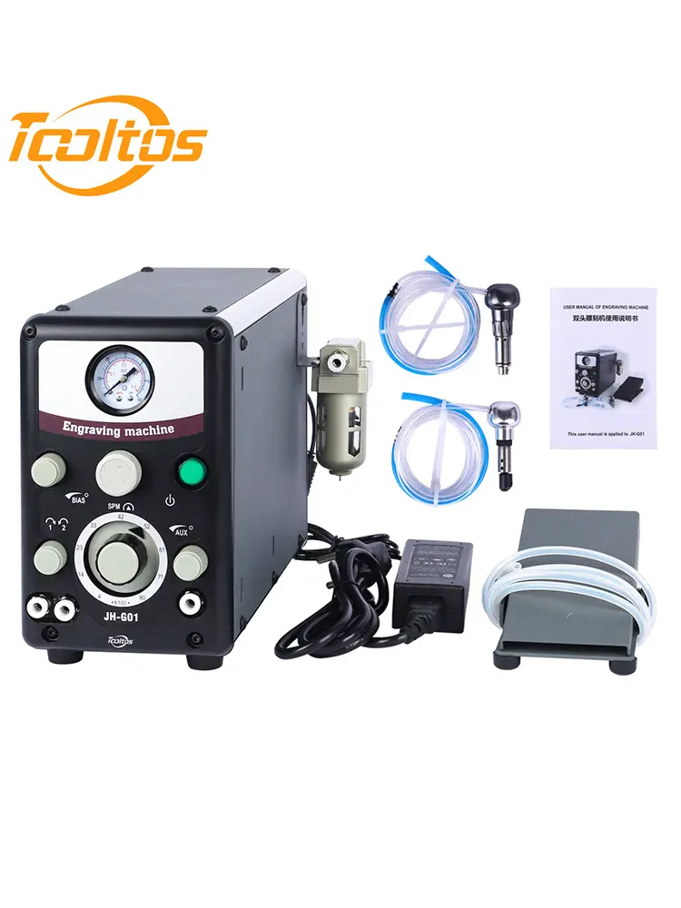 TOOLTOS Corded Jewelry Engraving Complete Tool Set - 8000RPM Adjustable Speed Power Kit with Flexible Pneumatic Heads, Pressure Gauge, 1×Connection Tube, 2×Pneumatic Engraving Handles, 29 × 13 × 21 Cm for Metal Engraving, Jewelry Making