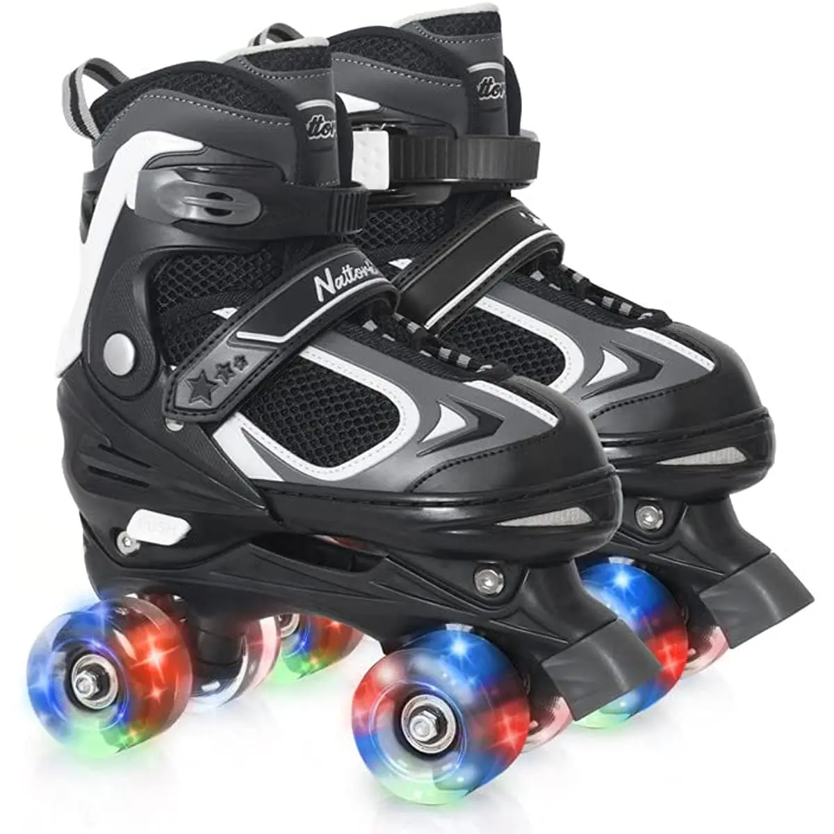 Nattork Kids Outdoor Roller Skates - Adjustable 4-Size High-Top Sports Footwear with Breathable Mesh, Ankle Protection, Dual-Buckle Closure, 8 Light-Up Elasticity Wheels for Beginners, Outdoors, Light-Up Wheels