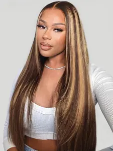 4/27 Highlight Straight Wig Human Hair Honey Blonde 13x4 HD Glueless Lace Frontal Wigs Human Hair 180% Density Ombre Drawstring Glueless Wear Go Wigs Pre Plucked Pre Cut Straight Wig for Black Women