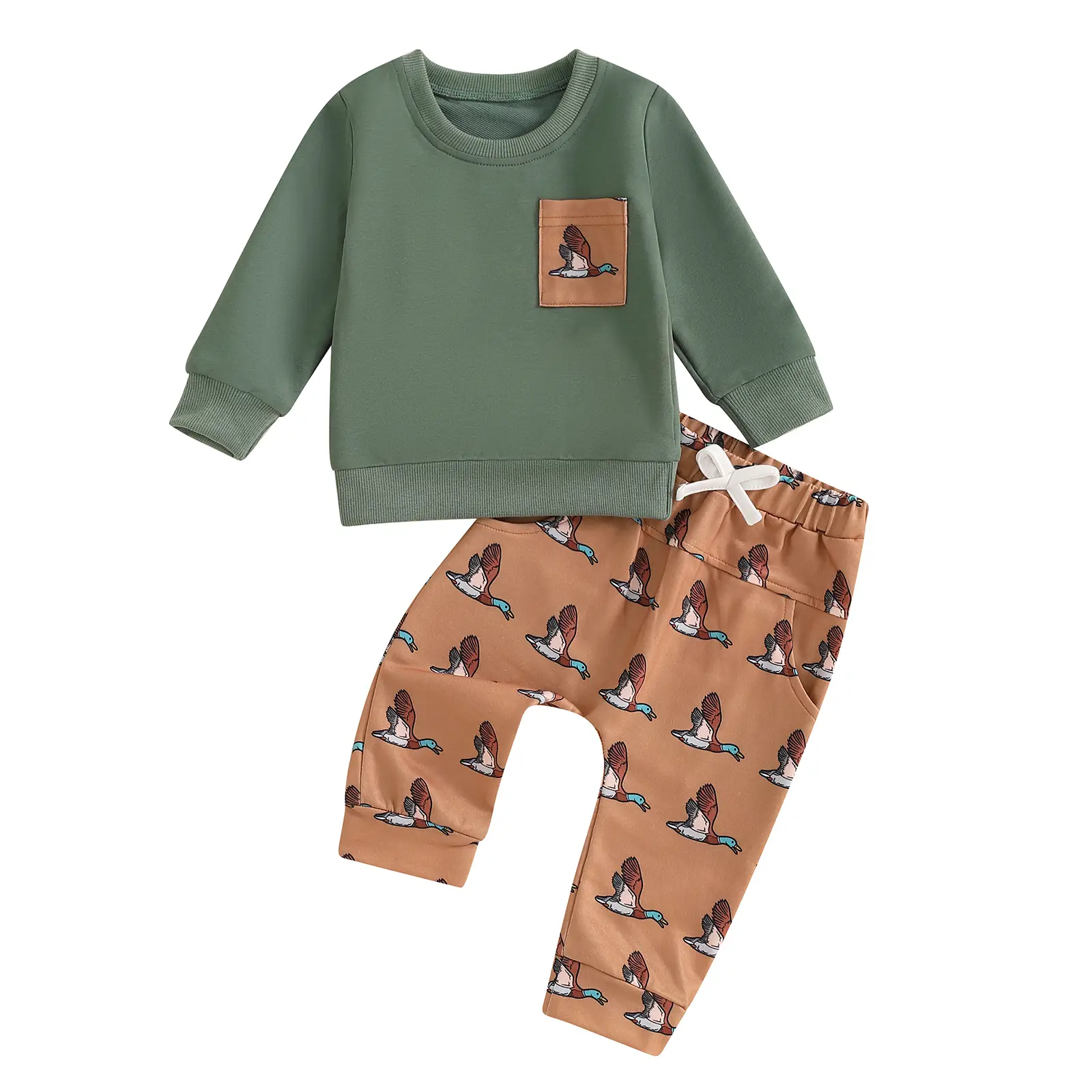 Toddler Baby Boy Hunting Outfit Mallard Duck Pocket Long Sleeve Tops Duck Print Pants Set 2Pcs Fall Winter Clothes