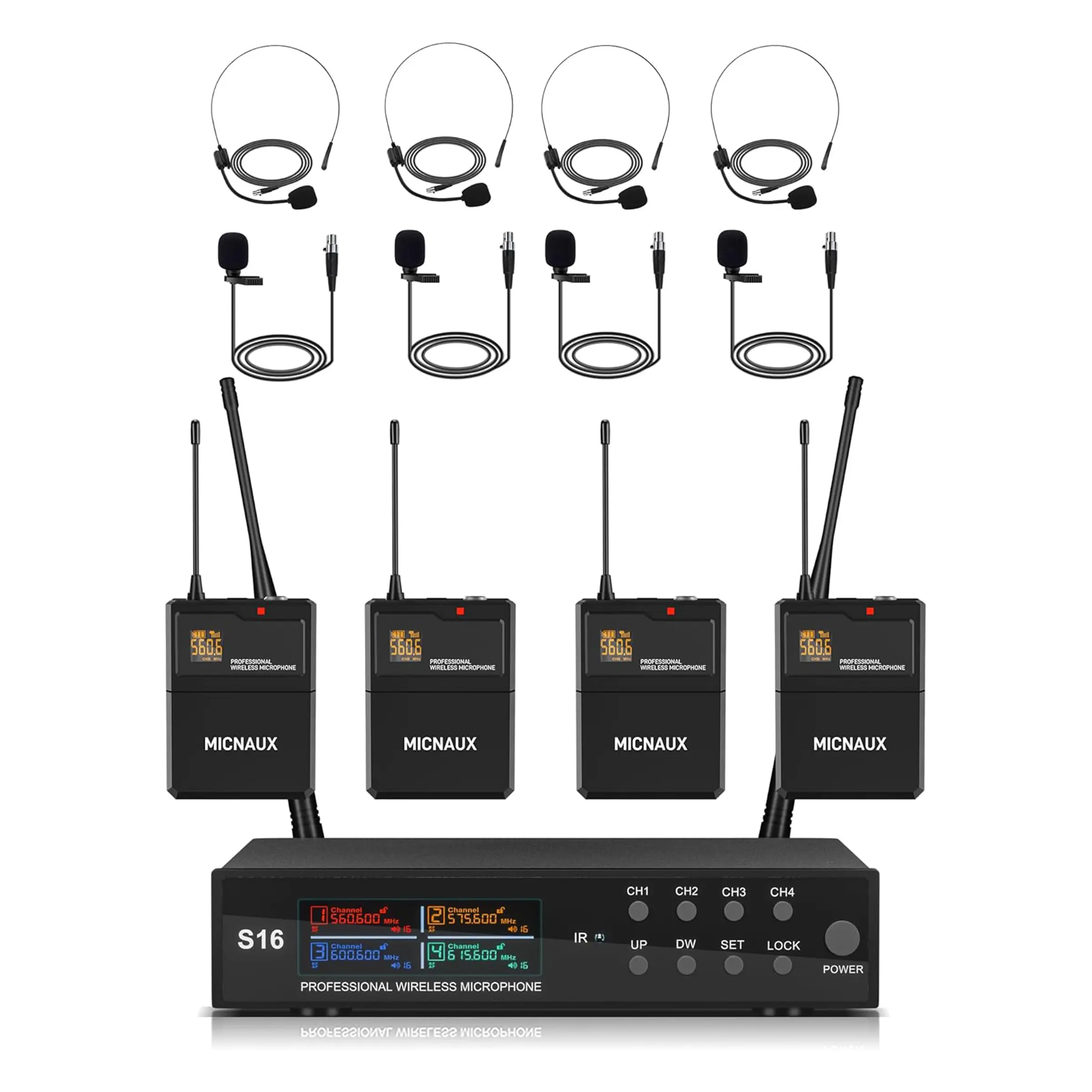 Lapel Wireless Microphone System with Headset & Lavalier Mics, Pro 4 Channel UHF Mics Set with Bodypack Transmitter & Metal Receiver, 200 Adjustable Frequency, 300ft Range for Church, Party