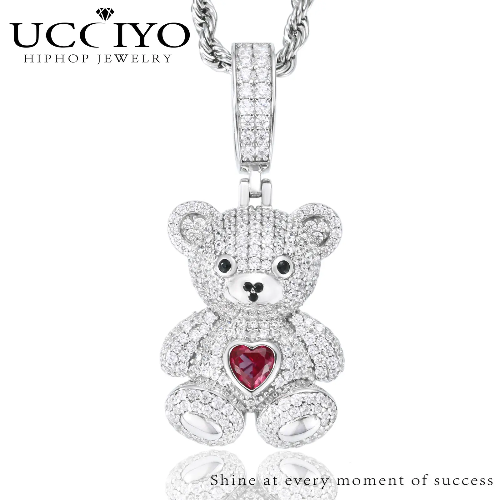 UCCIYO S925 Sterling Silver Love Bear Drop Pendant Necklace, Lab-Created Moissanite Exquisite Trendy Fashion Jewelry, Women's Anniversary Pendants Necklace Chains Jewellery Pendant【#P696】