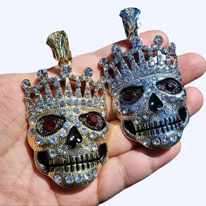 HIP HOP ICED 14K GOLD SILVER PLATED CUBIC ZIRCONIA RAPPER'S LARGE CROWED KING SKULL CHARM PENDANT Birthday Daily Anniversary