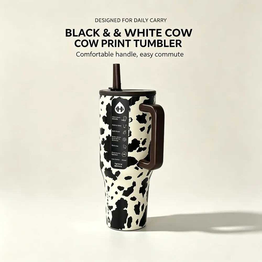 HydroJug 40oz White Cow Leopard Print Insulated Stainless Steel Water Bottle with Handle, Portable Leak-Proof Cup, Capacity 1000-2000ml, BPA-Free, Fits Cup Holders, Keeps Drinks Cold/Hot for a Long Time, Perfect for Adult Iced Coffee and Car Use