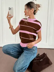 2026 Spring Summer Womens Striped Knit Short Sleeve Sweater Casual Crew Neck Pullover Top Retro Color Block Knitted Tee For Daily Wear Streetwear Vacation Office Going Out