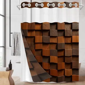 1PC/4PCS 2D Flat Printing Brown and Tan Square Spliced Wall Patterned shower curtain, home bathroom decor, shower curtain set with 12 hooks, non-slip bathroom rug, U-shaped toilet seat cover, toilet seat mat.