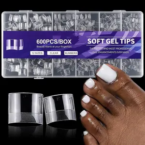 Toe Nail Tips, 600pcs Soft Gel X Nail Tips Toenails Clear Fake Nails Square Acrylic False Nail Tips 12 Sizes for Toe Nails Extension