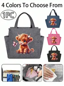 Large Capacity Insulated Durable Lunch Box Bag with Highland Cow Pattern, Cute Portable Picnic Cooler, Ideal for Students, Work, and Outdoor Activities, 4 Color Options Available, Cute Bento Bag, Reusable Lunch Bag