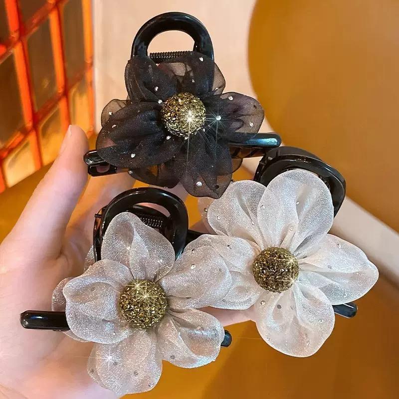 3Pcs Flower Hair Clip, Rhinestone Polka Dot Mesh Sunflower Bobby Pin, Elegant High Ponytail Hair Clip, Multifunctional Hair Accessory, Spring Clip